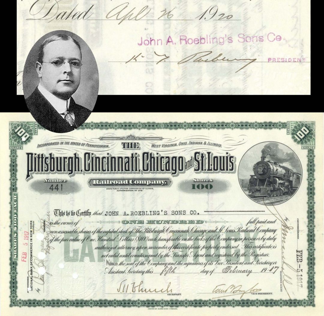 Pittsburgh, Cincinnati, Chicago and St. Louis Railroad Co. signed by Karl G. Roebling  - 1917 dated Autographed Stock Certificate