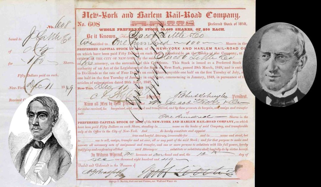 New-York and Harlem Rail-Road Co. signed by Jacob Little and Robert Schuyler - 1849 dated Autographed Stock Certificate