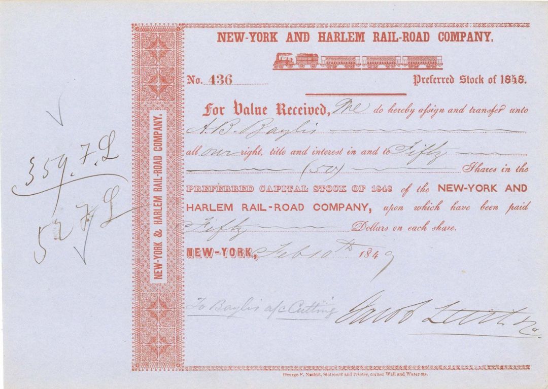 Jacob Little signed New York and Harlem Rail-Road Co.  - Stock Certificate (Uncanceled)