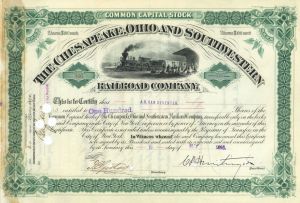 Collis P. Huntington signed Chesapeake, Ohio and Southwestern Railroad - Autograph Stock Certificate
