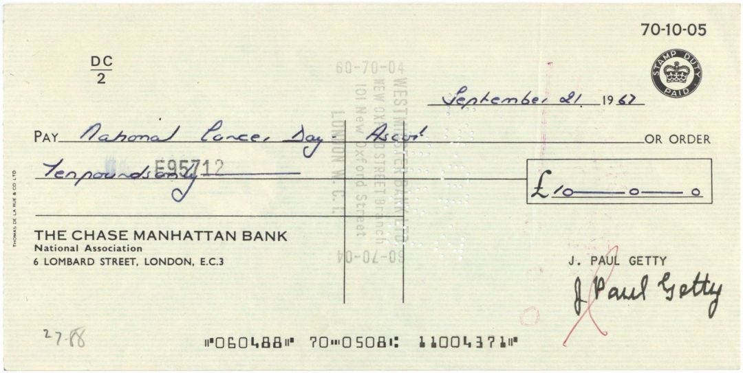 J. Paul Getty signed 1960's dated Check on Chase Manhattan Bank London - The Man behind the Movie "All the Money in the World"
