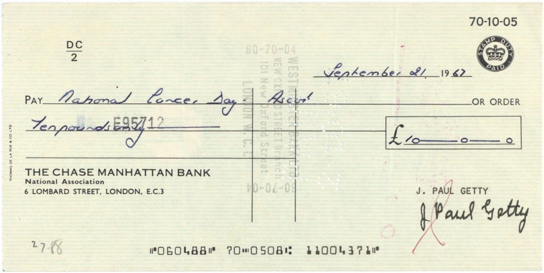 J. Paul Getty signed 1960's dated Check on Chase Manhattan Bank London - The Man behind the Movie All the Money in the World