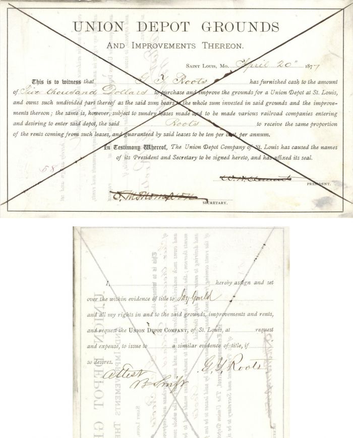 Union Depot Grounds Transferred to Jay Gould - Stock Certificate