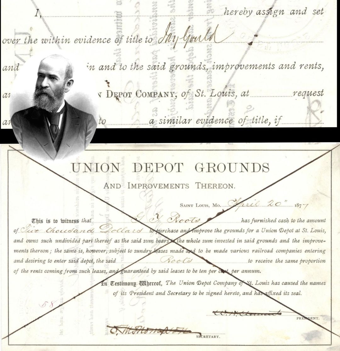 Union Depot Grounds Transferred to Jay Gould - 1877 dated Autographed Stock Certificate