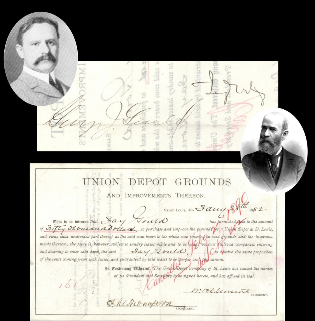 Union Depot Grounds Signed by both Jay and George Gould - 1882 Autographed Stock Certificate