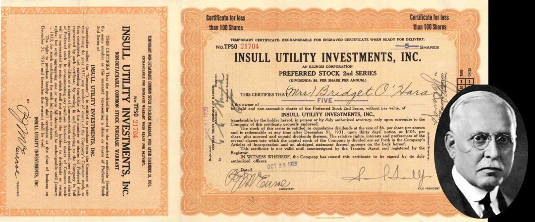 Insull Utility Investments, Inc. Signed by Samuel Insull, Jr. - 1929 dated Autograph Stock Certificate (Uncanceled)
