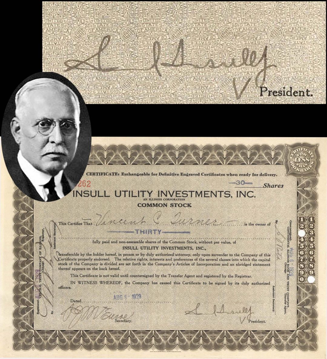 Insull Utility Investments Inc. Signed by Samuel Insull, Jr. - 1929 dated Autograph Stock Certificate (Uncanceled)