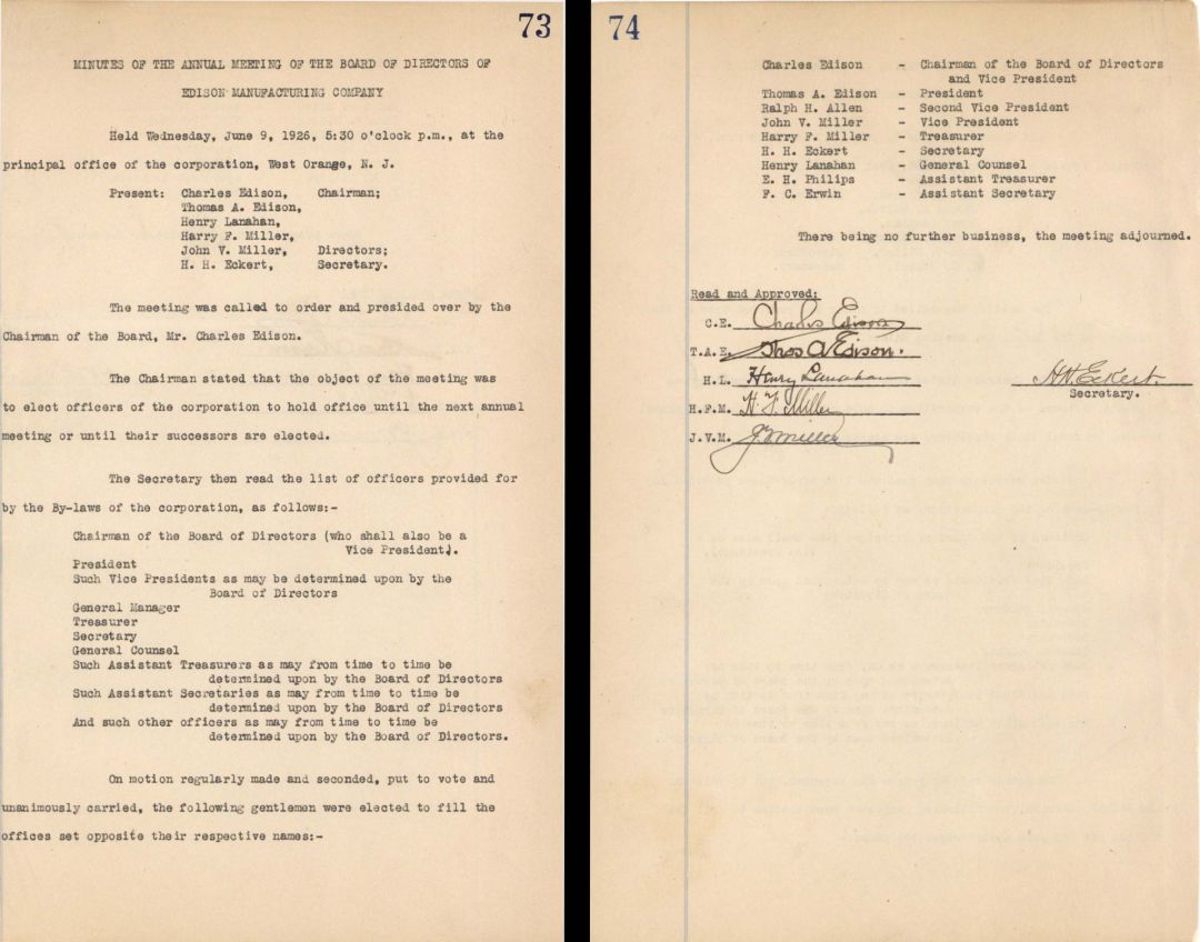 Minutes of Meeting signed by Thomas A. Edison and Charles A. Edison - 1926 dated Autograph