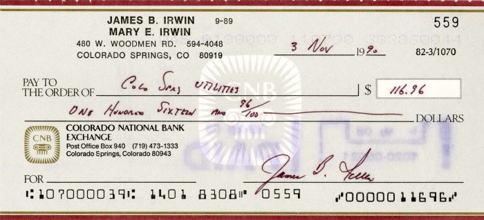 James B. Irwin - Astronaut signed check (Uncanceled)