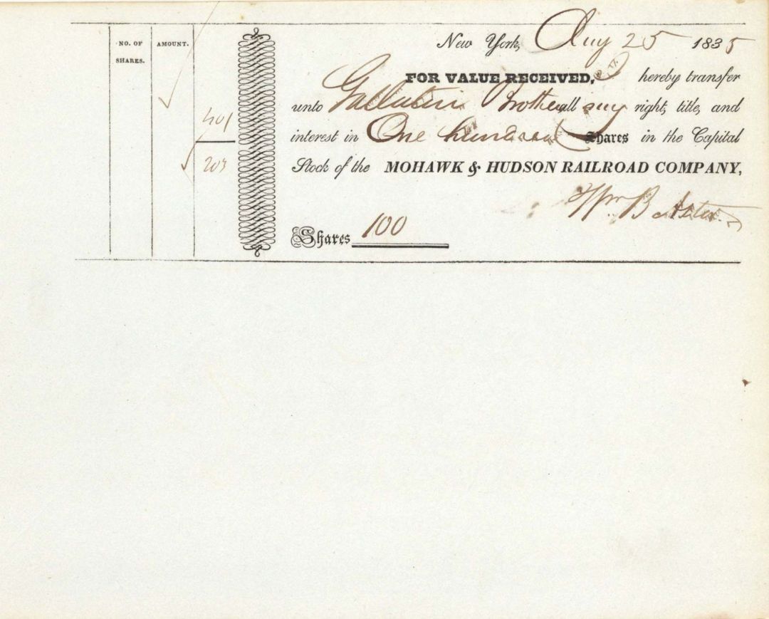 Mohawk and Hudson Railroad Transfer signed by William Backhouse Astor - 1830's dated Autographed Stock Certificate