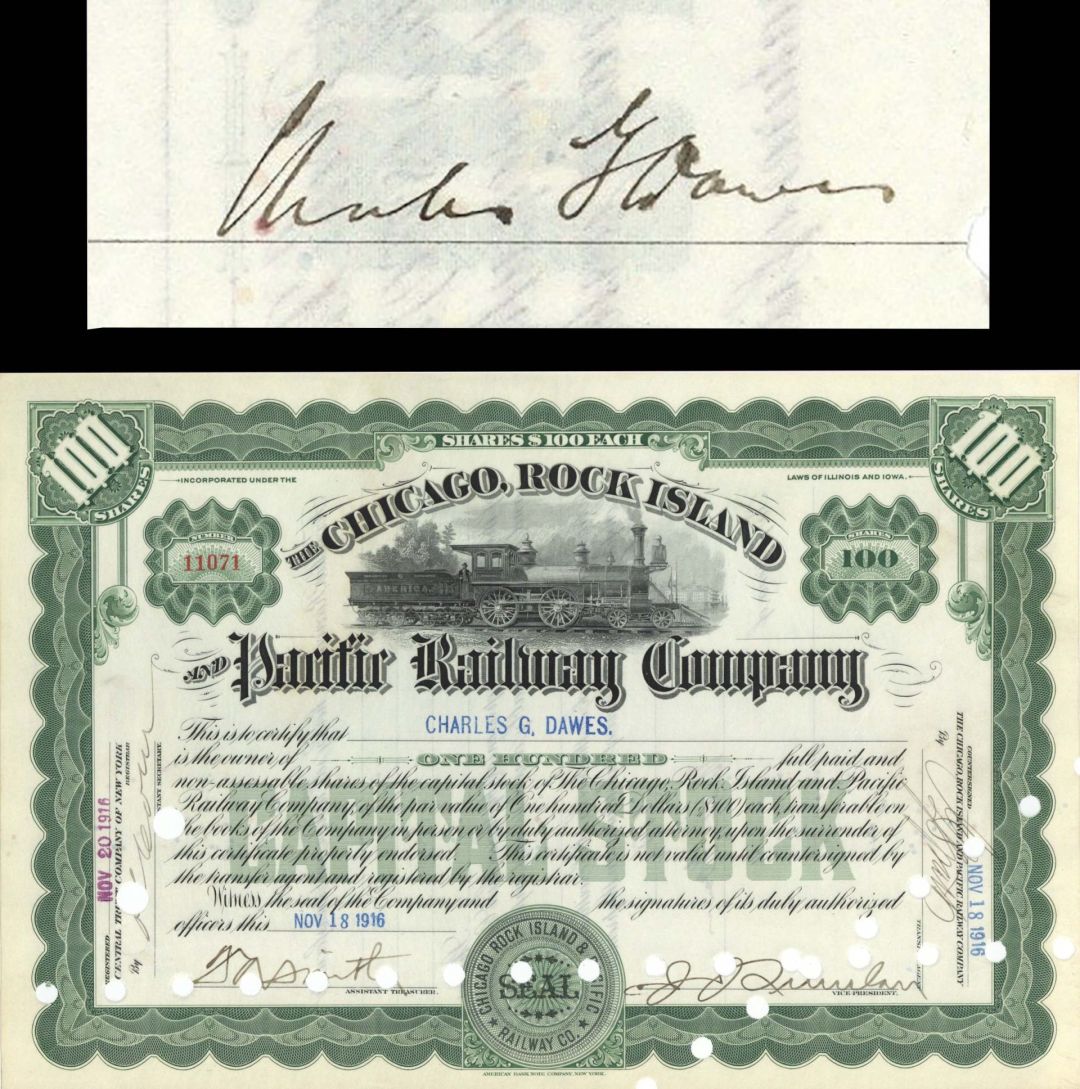 Chicago, Rock Island and Pacific Railway Co. Issued to and signed by Charles Dawes - 1916 dated Autographed Stock Certificate