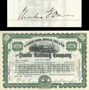 Chicago, Rock Island and Pacific Railway Co. Issued to and signed by Charles Dawes - 1916 dated Autographed Stock Certificate