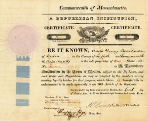 1821 dated Henry Dearborn signed Republican Insitution Stock Certificate - Exceptional from Boston, Massachusetts