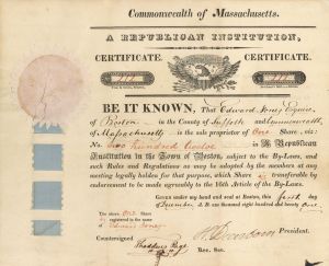 1821 dated Henry Dearborn signed Republican Insitution Stock Certificate - Exceptional from Boston, Massachusetts