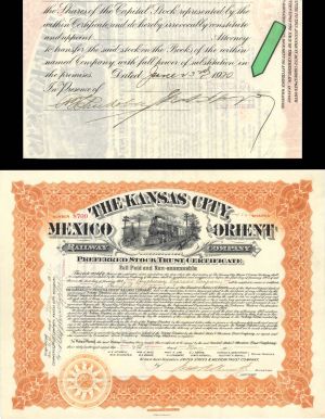 James F. Fargo signs for American Express - 1911 and 1920 dated Autographed Stock Certificate (Uncanceled)
