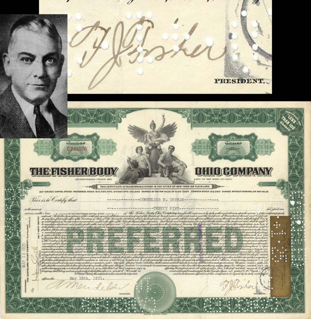  Fisher Body Ohio Co. Signed by F. J. Fisher - 1908-1925 dated Stock Certificate