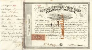 Oliver Ames - Boston, Newport and New York Steamboat Co. - 1860's Stock Certificate