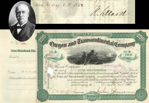 Oregon and Transcontinental Co. Issued to and signed by Henry Villard - 1882 or 1883 dated Autograph Railroad Stock Certificate