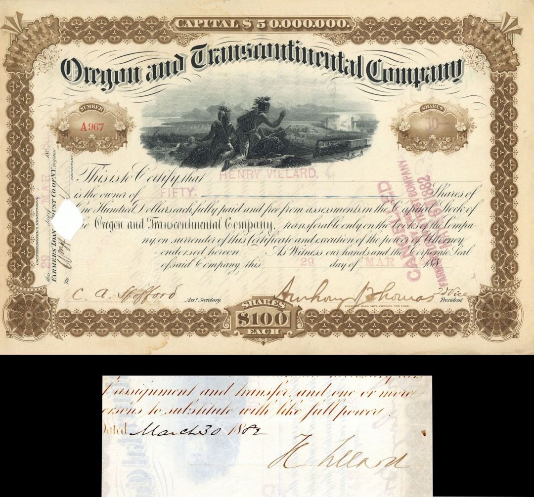 Henry Villard signed Oregon and Transcontinental Co. - Stock Certificate