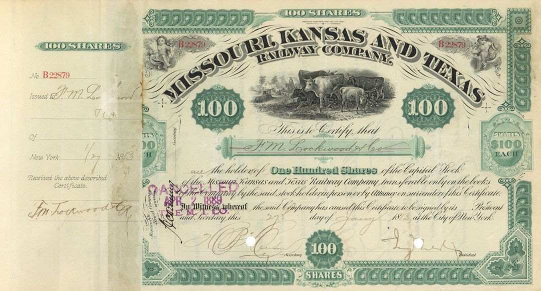 Jay Gould signed Missouri, Kansas and Texas Railway - "The Katy" - 1880's dated Autograph Stock Certificate