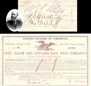 Troy, Salem, and Rutland Rail Road Company's $1,000 1865 dated Mortgage Bond signed twice by Jay Gould 