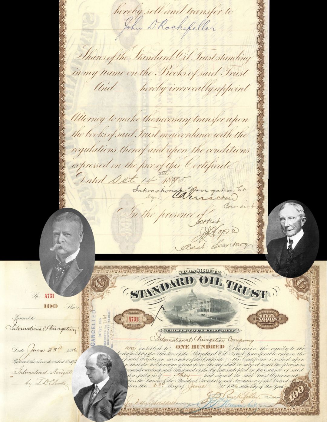 Standard Oil Trust signed by C.A. Griscom, J.D. Rockefeller and John D. Archbold - 1886 dated Autograph Stock Certificate