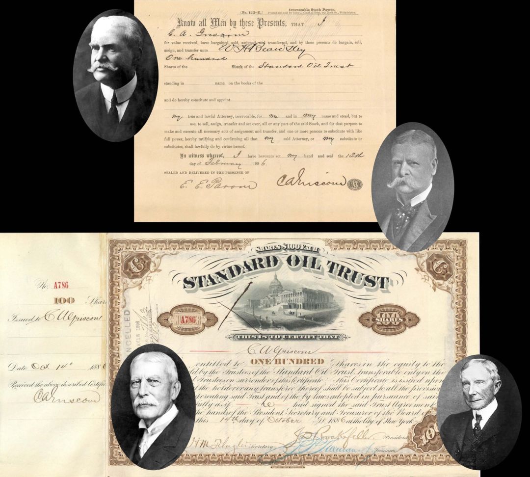 Standard Oil Trust signed by C.A. Griscom, J.D. Rockefeller and H.M. Flagler and transferred to W.H. Beardsley - 1886 dated Autograph Stock Certificate
