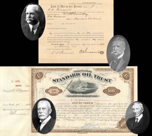 Standard Oil Trust signed by C.A. Griscom, J.D. Rockefeller and H.M. Flagler and transferred to W.H. Beardsley - 1886 dated Autograph Stock Certificate