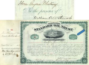 Flora Payne Whitney issued to and signed Standard Oil Trust - Signed for her by William Collins Whitney - 1883 dated Autograph Stock Certificate