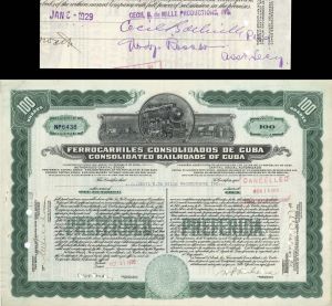 Ferrocarriles Consolidados De Cuba - Consolidated Railroads of Cuba issued to Cecil B. De Mille Productions Inc. signed by Cecil B. DeMille - 1928 dated Autographed Stock Certificate