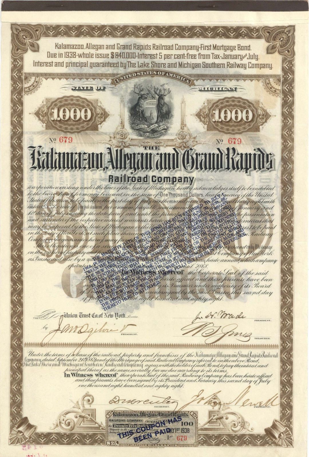 Kalamazoo, Allegan and Grand Rapids Railroad Co. signed by J. H. Wade  - 1888 dated Autographed $1,000 Bond