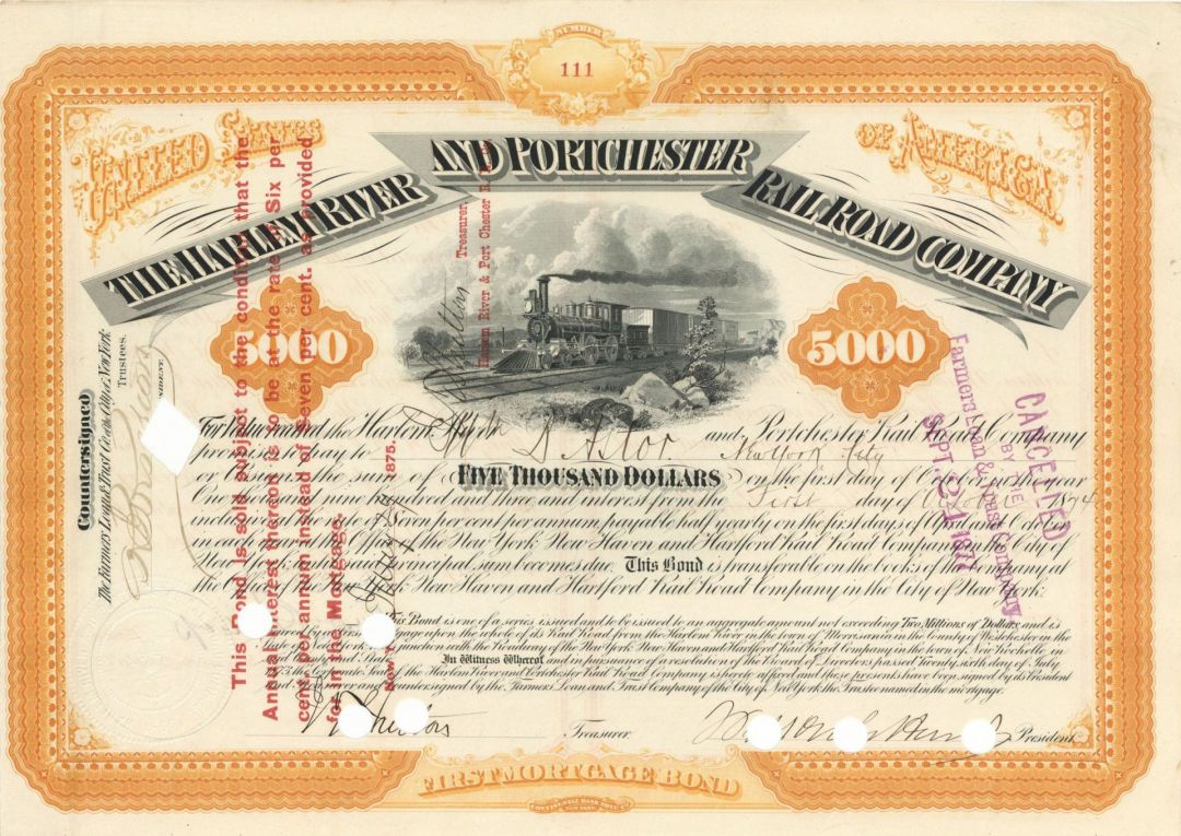 Harlem River and Portchester Railroad Issued to William B. Astor-not signed  - 1874 or 1875 dated $5,000 Bond
