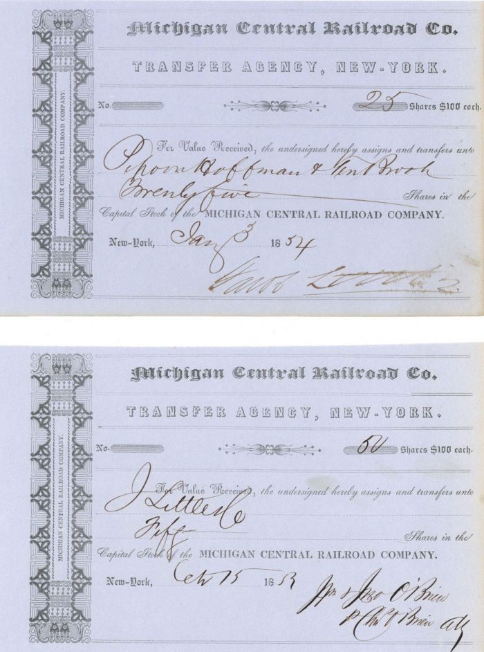 Jacob Little - Michigan Central Railroad Co. - Pair of Transfer Receipts