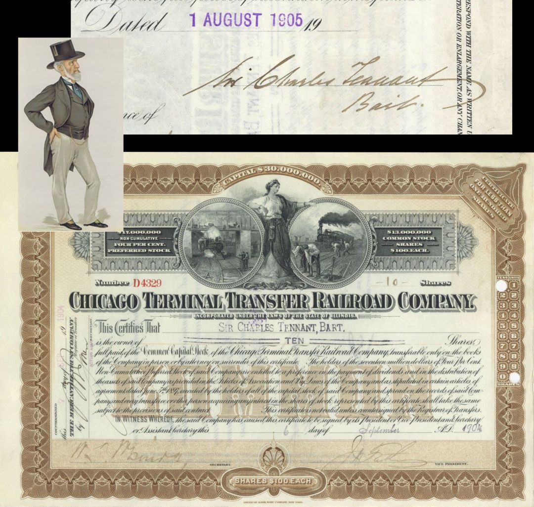 Chicago Terminal Transfer Railroad Issued to Sir Charles Tennant, Bart. - 1904 dated Stock Certificate
