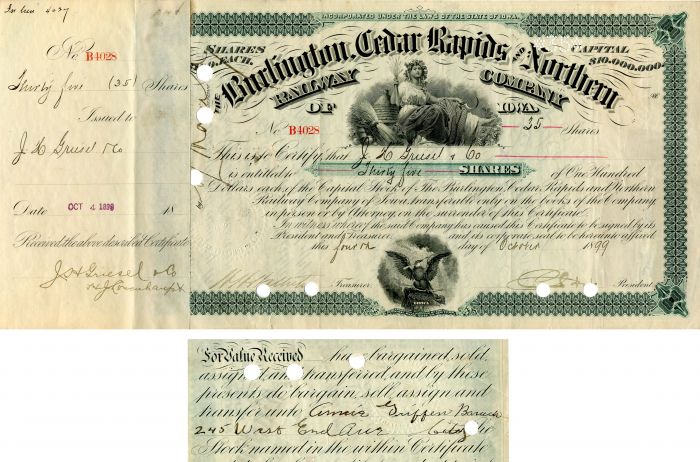 Annie Griffin Baruch - Burlington Cedar Rapids and Northern Railway - Stock Certificate