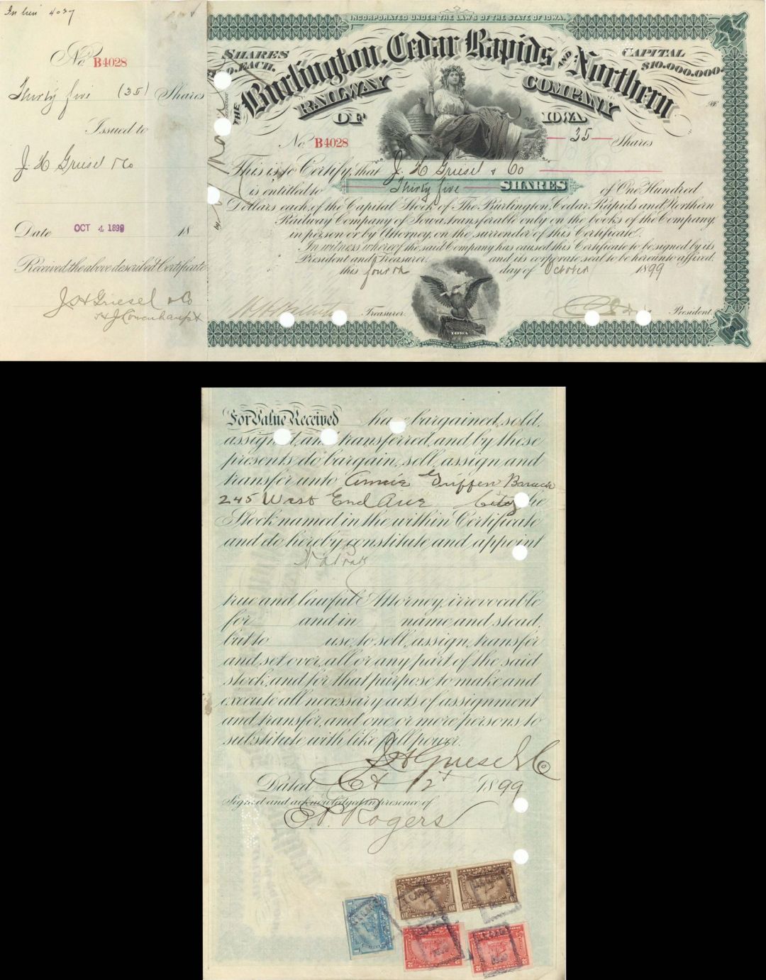Burlington, Cedar Rapids and Northern Railway Co. Transferred to Annie Griffin Baruch - 1894-1900 dated Stock Certificate