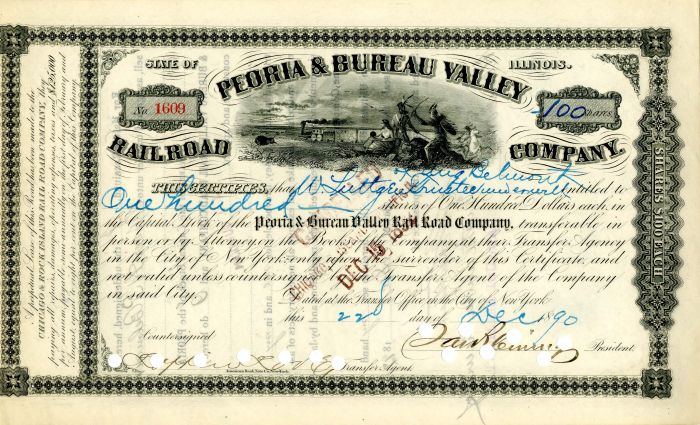 Peoria and Bureau Valley Railroad Co. issued to the will of August Belmont - Railway Stock Certificate