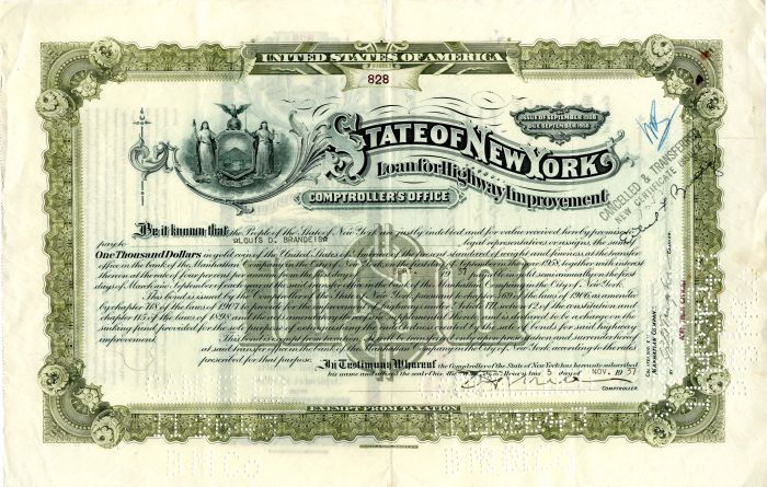 Louis D. Brandeis - State of New York - $1,000 Bond