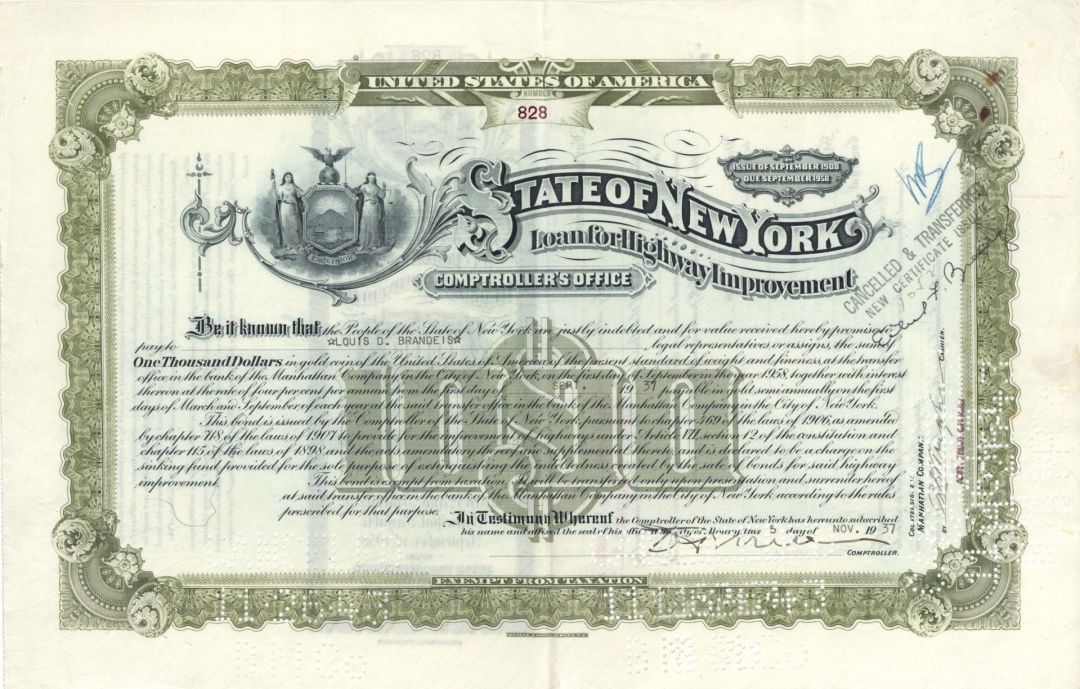State of New York Issued to This 1930's $1,000 Bond of the State of New York Loan for Highway Improvement Issued to Louis D.Brandeis not signed - $1,000 1937 dated Bond