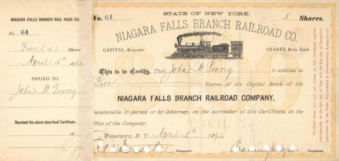 Niagara Falls Branch Railroad Co. signed by Chauncey M. Depew and E.V.W. Rossiter - 1893 or 1894 dated Autographed Stock Certificate
