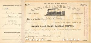 Niagara Falls Branch Railroad Co. signed by Chauncey M. Depew and E.V.W. Rossiter - 1893 or 1894 dated Autographed Stock Certificate