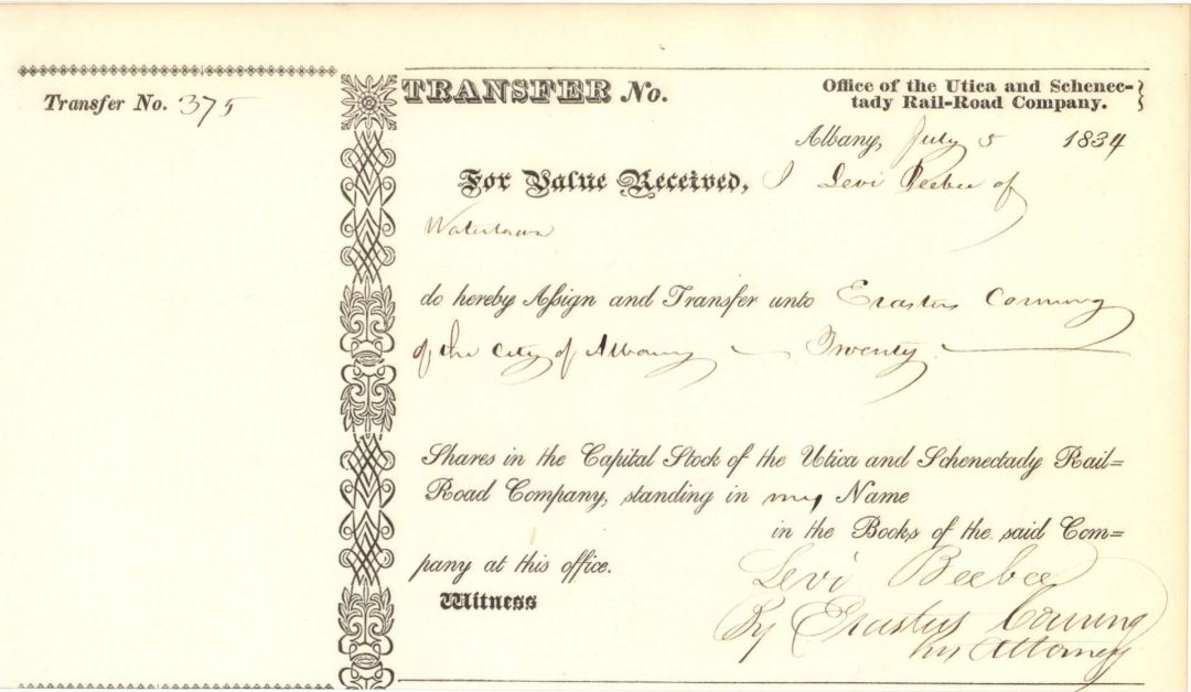 Utica and Schenectady Rail Road Co. signed by Erastus Corning - 1834-1850 dated Autographed Railway Stock Certificate