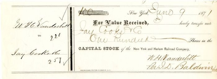 New York and Harlem Railroad Company transferred to Jay Cooke & Co. - Stock Certificate