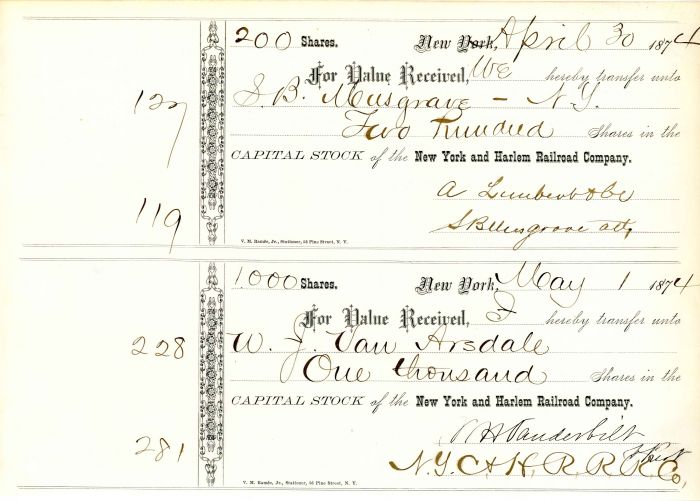 New York and Harlem Railroad Co. signed by Wm. H. Vanderbilt - Railway Stock Certificate (Uncanceled)