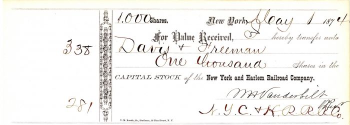 William H. Vanderbilt - New York and Harlem Railroad Co. - Railway Stock Certificate