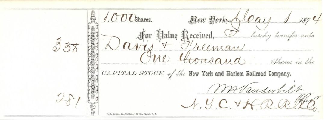New York and Harlem Railroad Co. signed by William H. Vanderbilt - 1874 dated Autographed Railway Stock Certificate