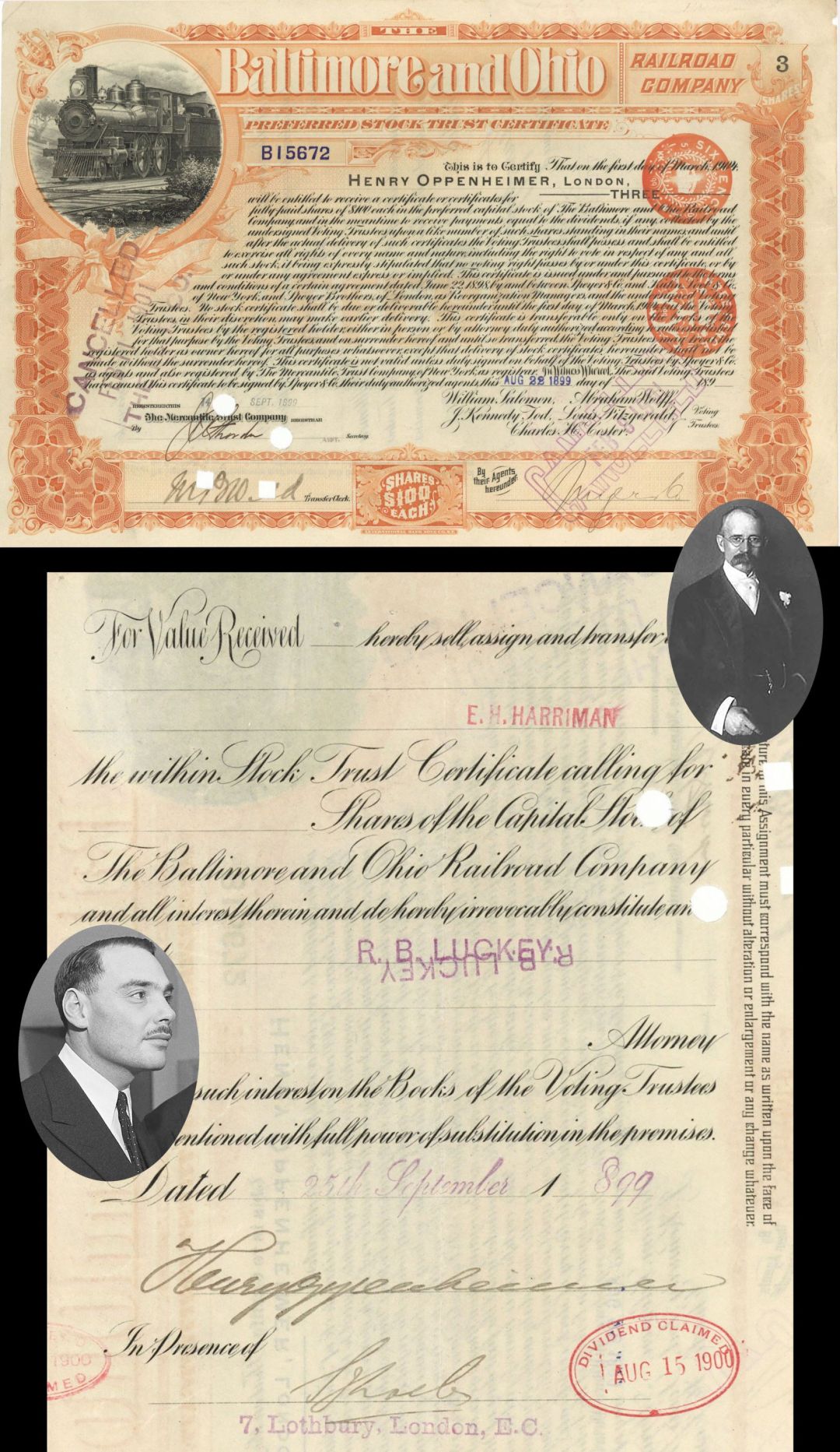 Baltimore & Ohio Railroad Co. Issued to & Signed at back by Henry Oppenheimer and transferred to E.H. Harriman - 1899 dated Autograph Stock Certificate