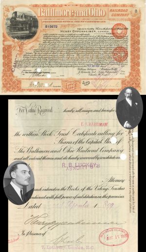 Baltimore & Ohio Railroad Co. Issued to & Signed at back by Henry Oppenheimer and transferred to E.H. Harriman - 1899 dated Autograph Stock Certificate