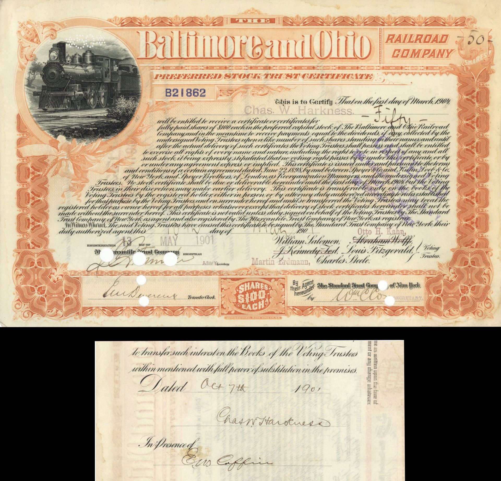 Baltimore and Ohio Railroad issued to and signed by Charles W. Harkness - Railway Stock Certificate