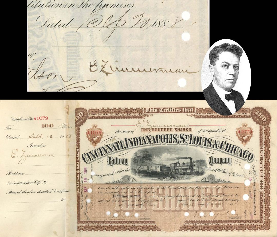 Cincinnati, Indianapolis, St. Louis and Chicago Railway Co. signed by Eugene Zimmerman  - 1888 dated Autographed Railroad Stock Certificate